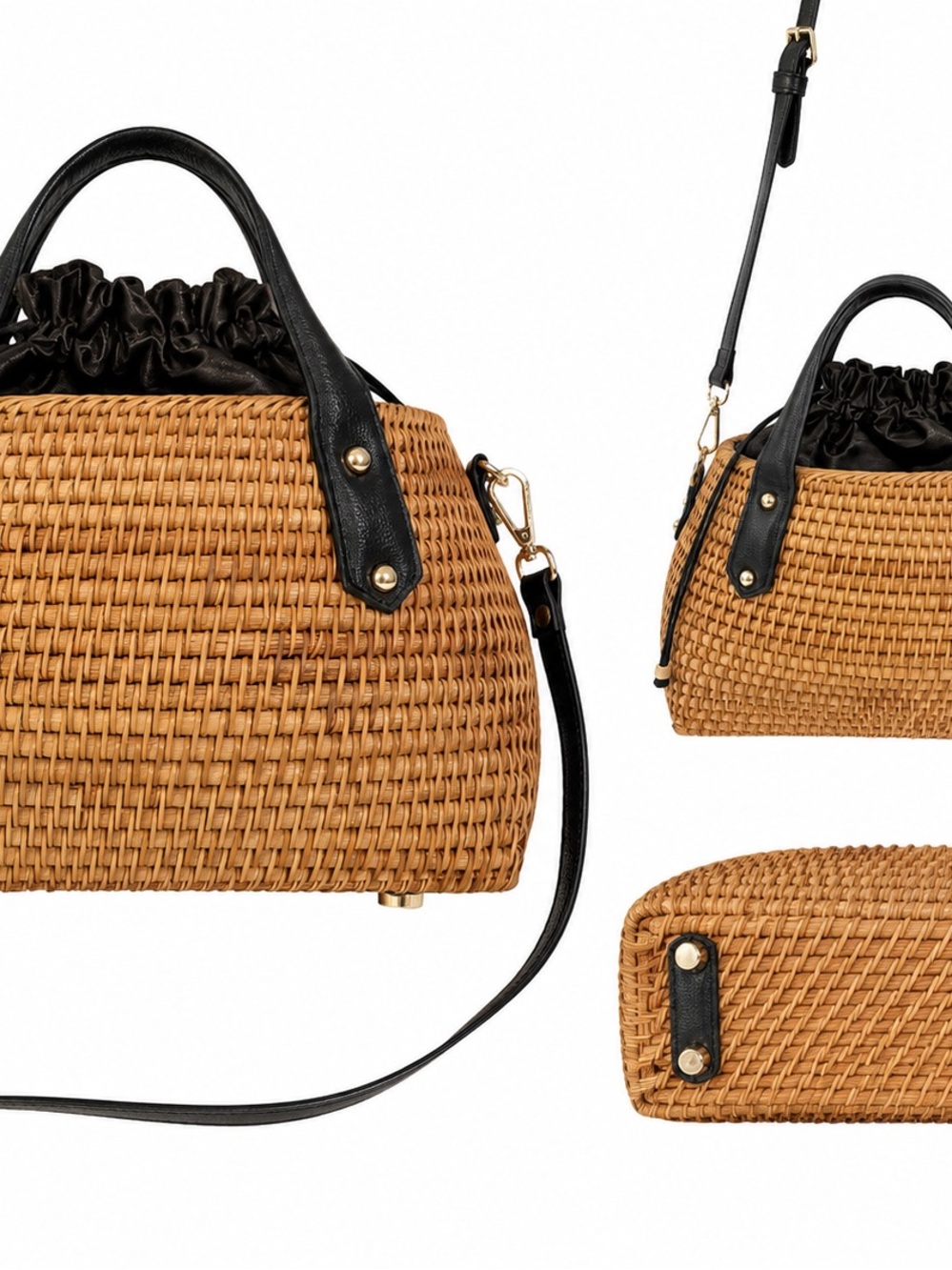 Woven Rattan Basket Satchel Black Trim Convertible Shoulder Bag
